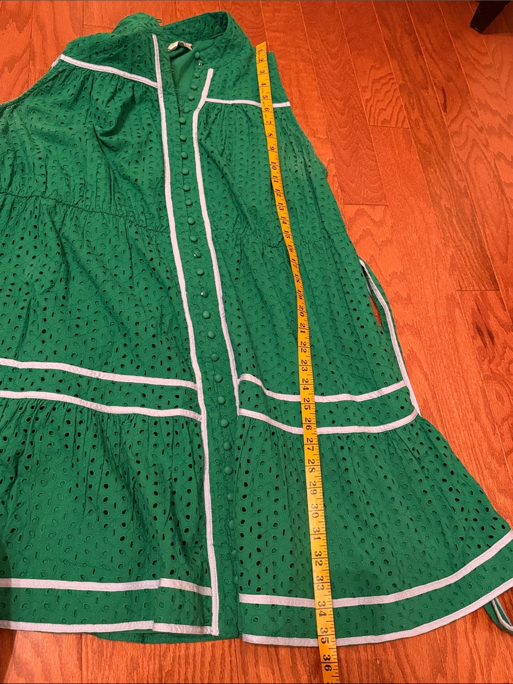 TULANE Sleeveless Green Eyelet Fit-and-Flare Dress with Light Blue Trim L - Picture 5 of 5